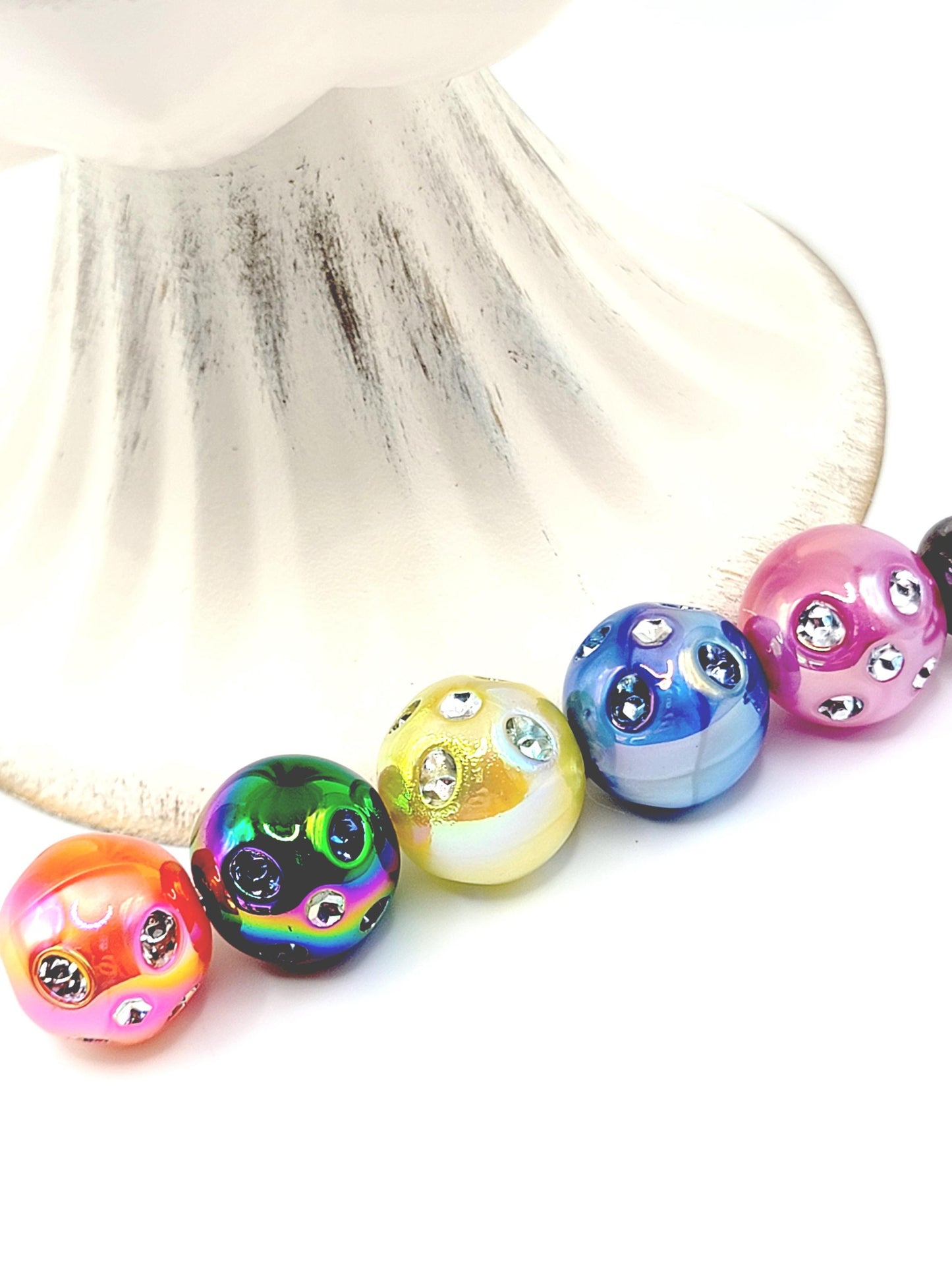 16mm Iridescent Shimmer Acrylic Beads with Rhinestones (Set of 10)