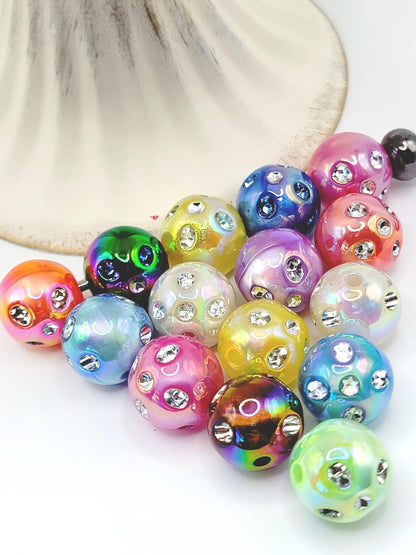 16mm Iridescent Shimmer Acrylic Beads with Rhinestones (Set of 10)
