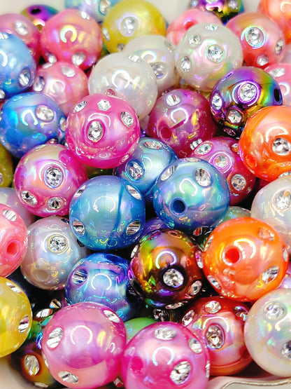 16mm Iridescent Shimmer Acrylic Beads with Rhinestones (Set of 10)