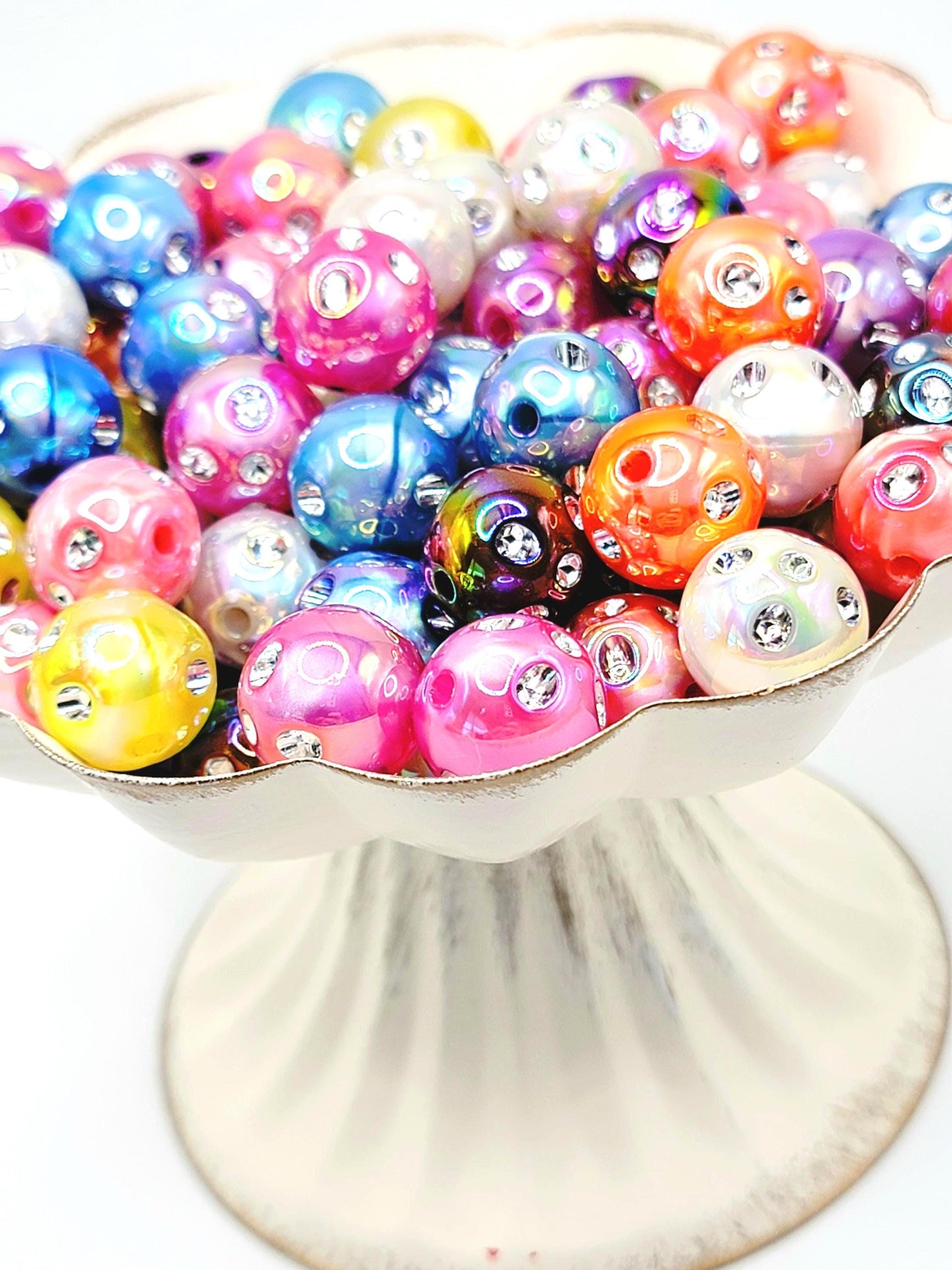 16mm Iridescent Shimmer Acrylic Beads with Rhinestones (Set of 10)
