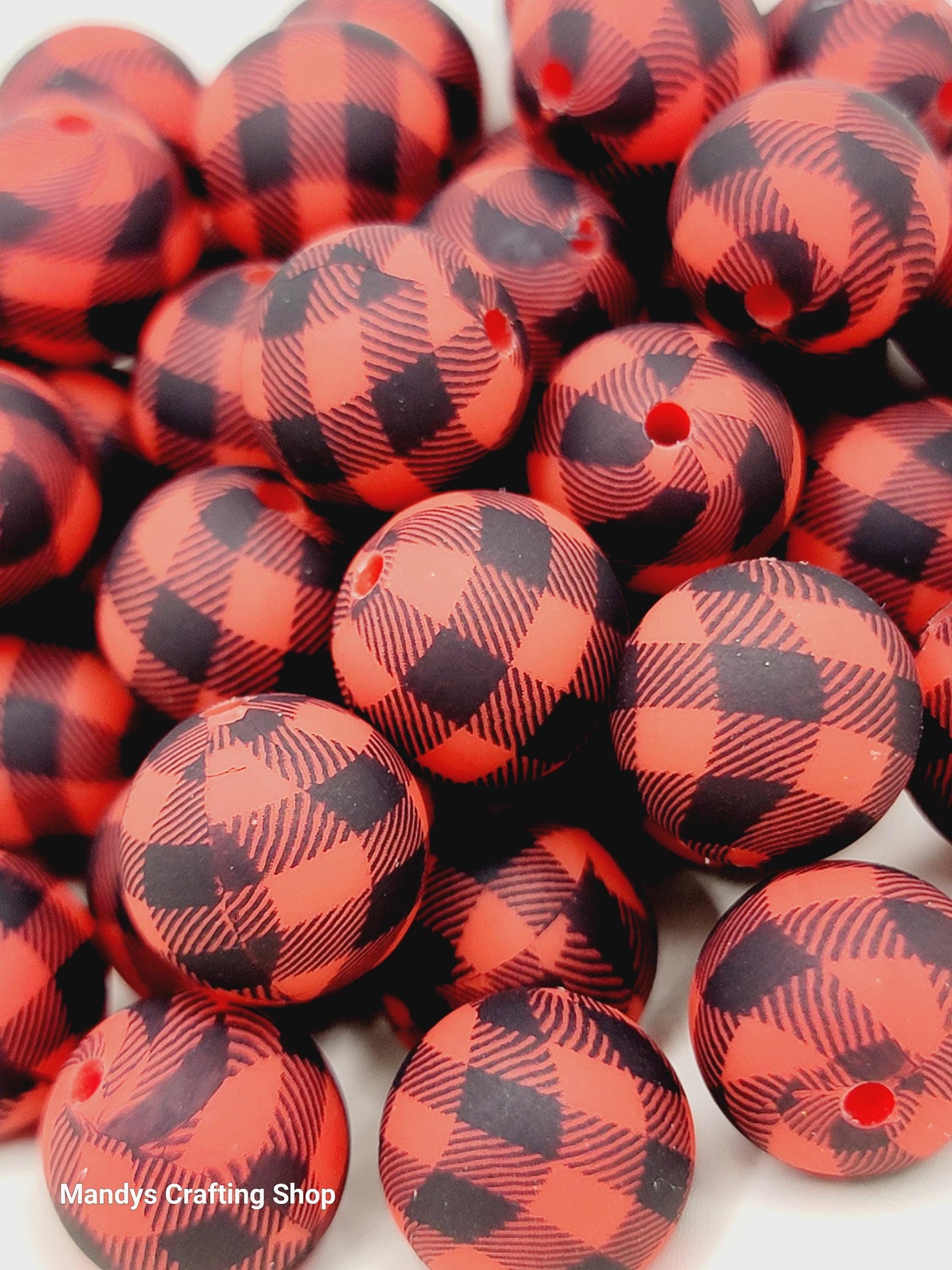 15mm Printed Red & Black Picnic Cloth Print Silicone Bead – Checkered Round Beads for Pens & Wristlets