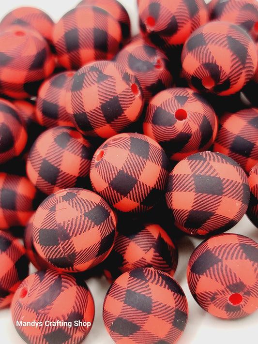 15mm Printed Red & Black Picnic Cloth Print Silicone Bead – Checkered Round Beads for Pens & Wristlets