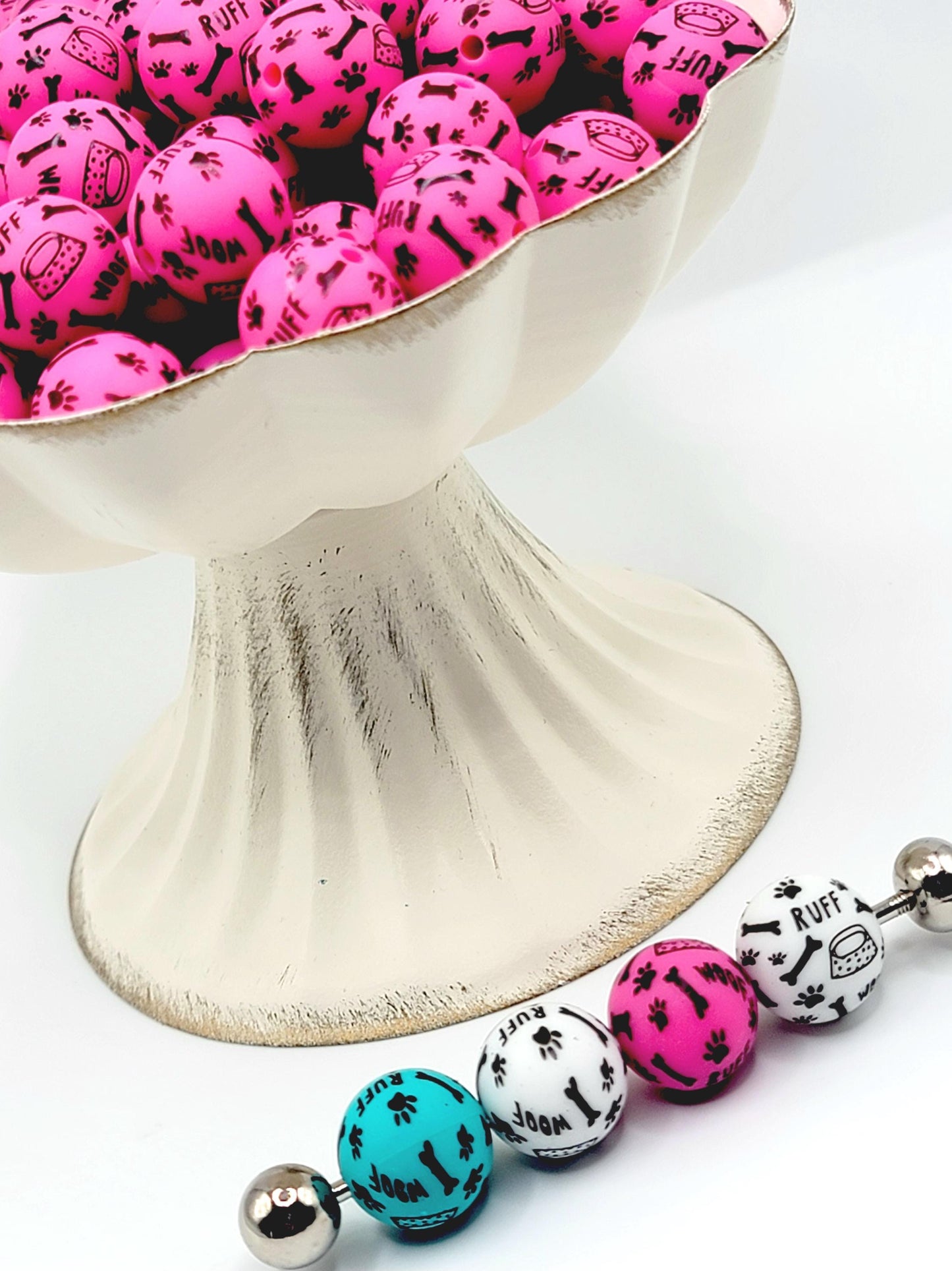 15mm Printed Hot Pink Dog Theme Silicone Beads – Paw Dog Print Round Beads for Pens & Wristlets