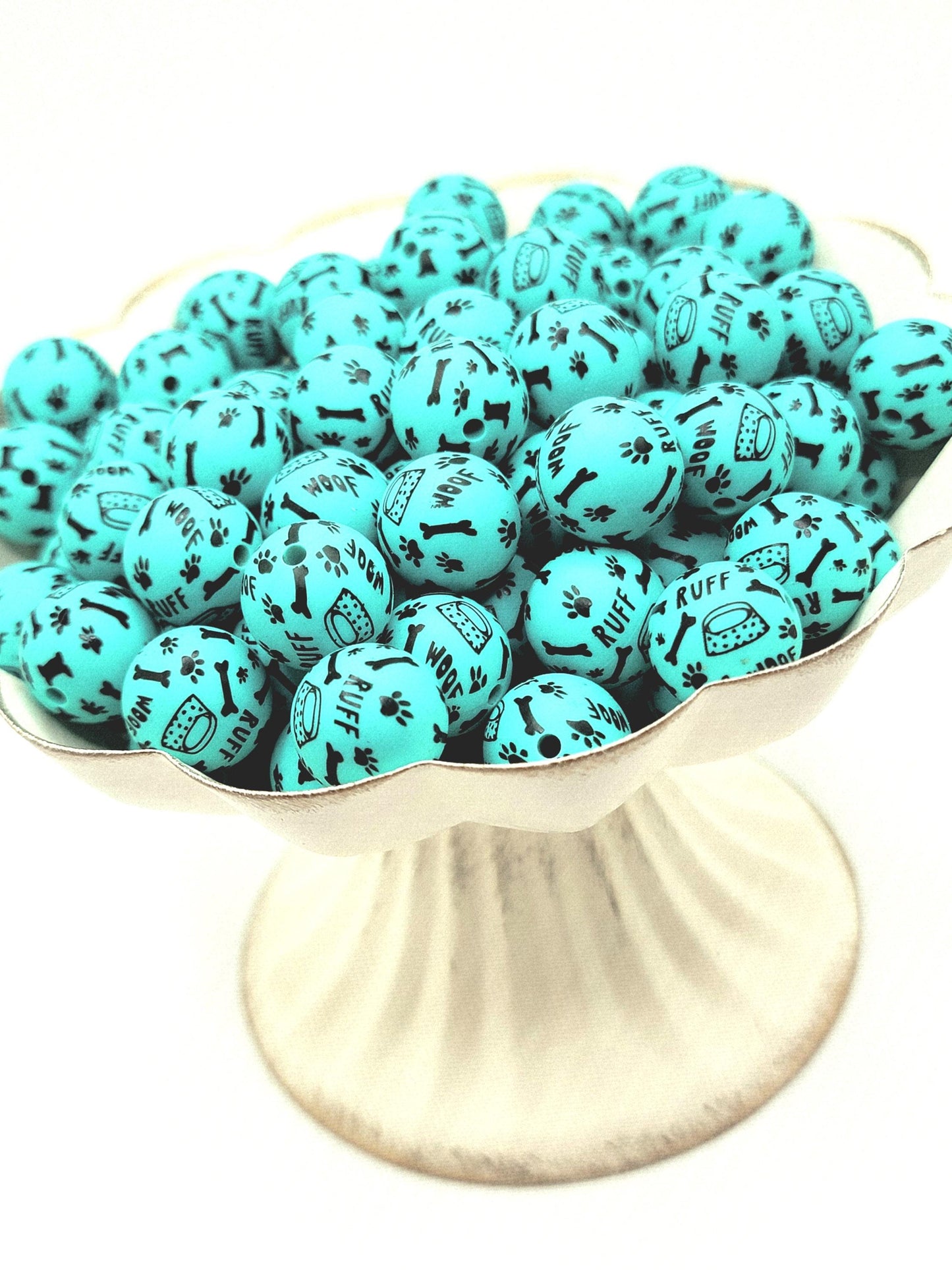 15mm Printed Turquoise Dog Theme Silicone Beads – Paw Bone Print Round Beads for Pens & Wristlets