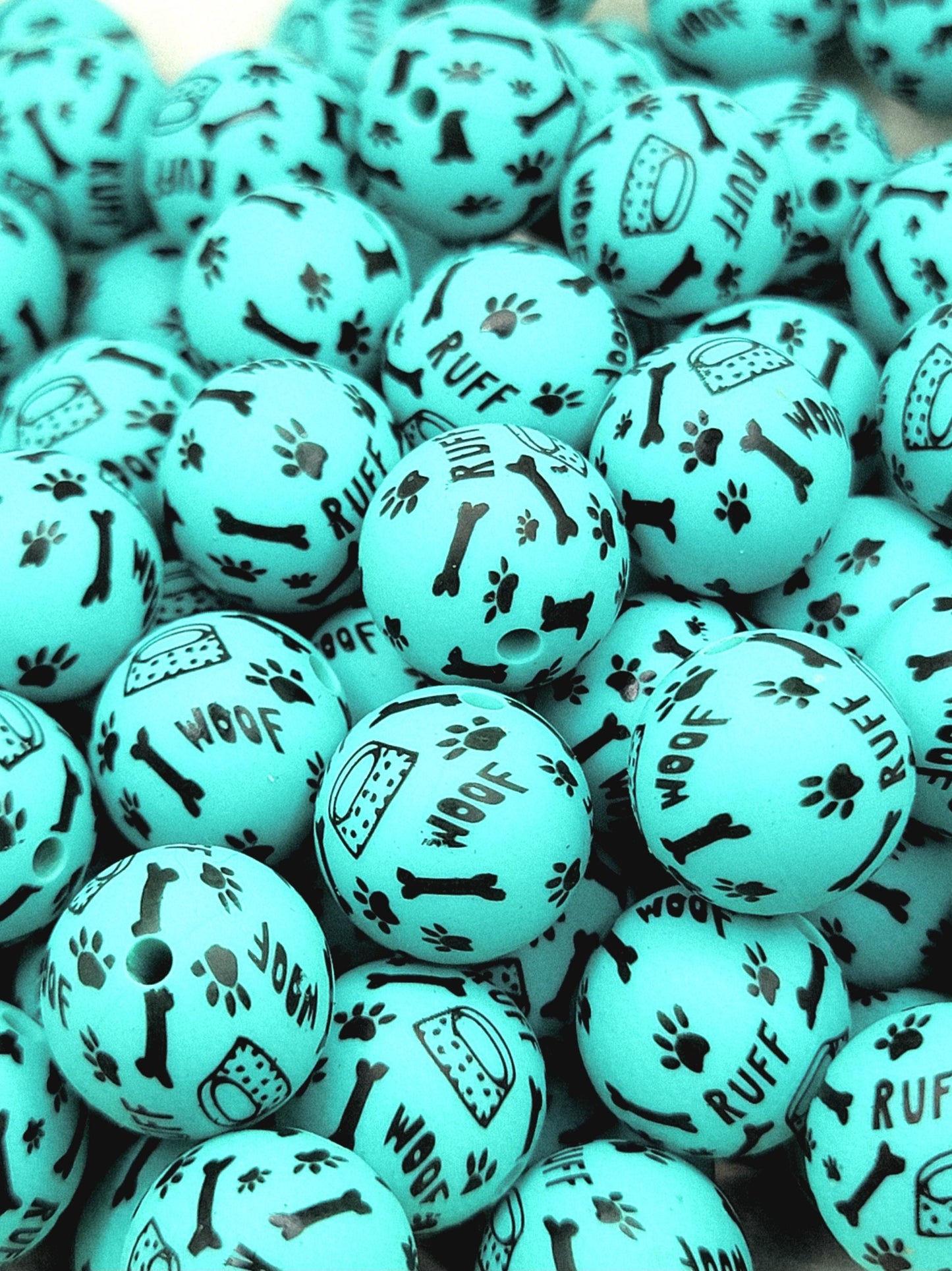 15mm Printed Turquoise Dog Theme Silicone Beads – Paw Bone Print Round Beads for Pens & Wristlets