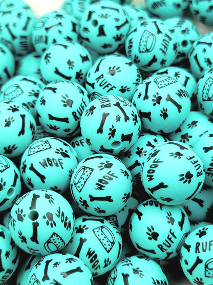 15mm Printed Turquoise Dog Theme Silicone Beads – Paw Bone Print Round Beads for Pens & Wristlets