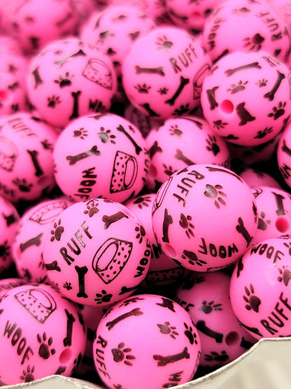 15mm Printed Hot Pink Dog Theme Silicone Beads – Paw Dog Print Round Beads for Pens & Wristlets