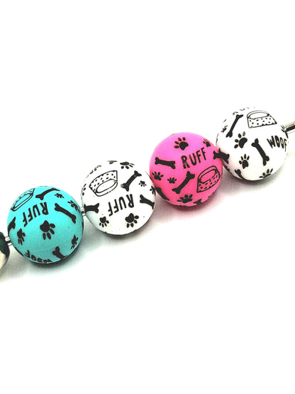 15mm Printed Turquoise Dog Theme Silicone Beads – Paw Bone Print Round Beads for Pens & Wristlets