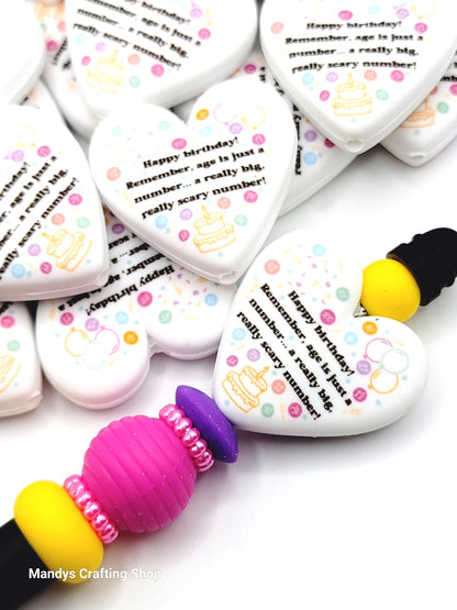 Funny Birthday Heart Focal Bead – Age Is Just A Number Birthday Printed Silicone Pen Bead (Set of 2)