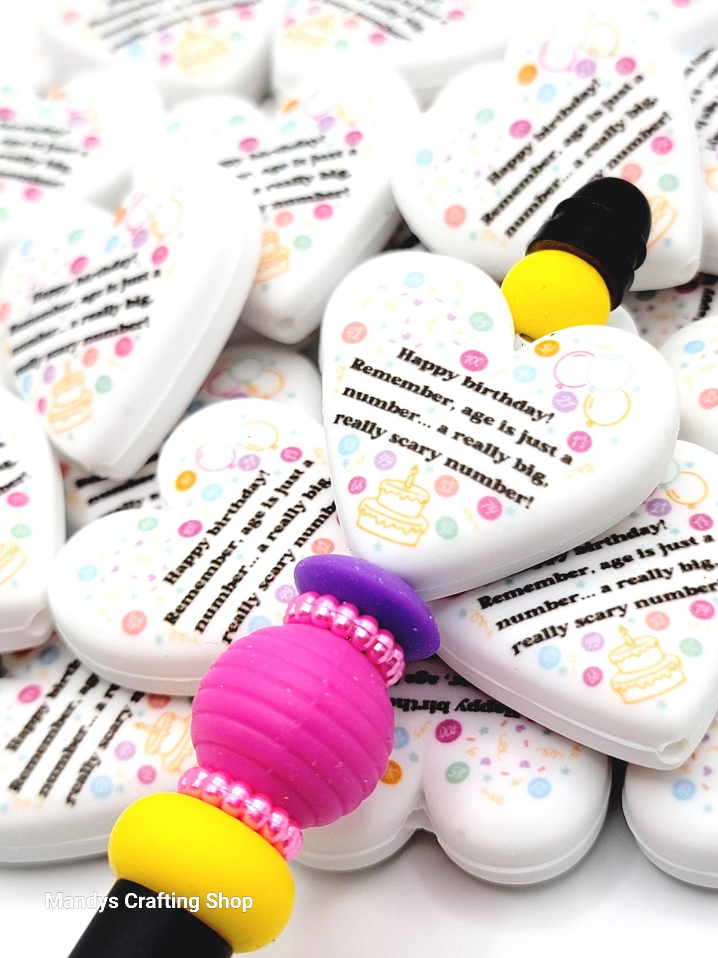 Funny Birthday Heart Focal Bead – Age Is Just A Number Birthday Printed Silicone Pen Bead (Set of 2)