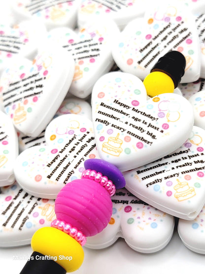 Funny Birthday Heart Focal Bead – Age Is Just A Number Birthday Printed Silicone Pen Bead (Set of 2)