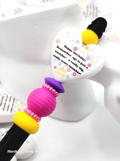 Funny Birthday Heart Focal Bead – Age Is Just A Number Birthday Printed Silicone Pen Bead (Set of 2)