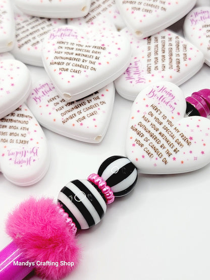 Funny Birthday Wrinkles Heart Focal Bead – Best Friend Printed Silicone Pen Bead (Set of 2)