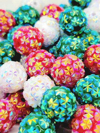 Christmas Starburst Rhinestone Round Beads 16mm (Set of 5) - Sparkle Acrylic Chunky Beads