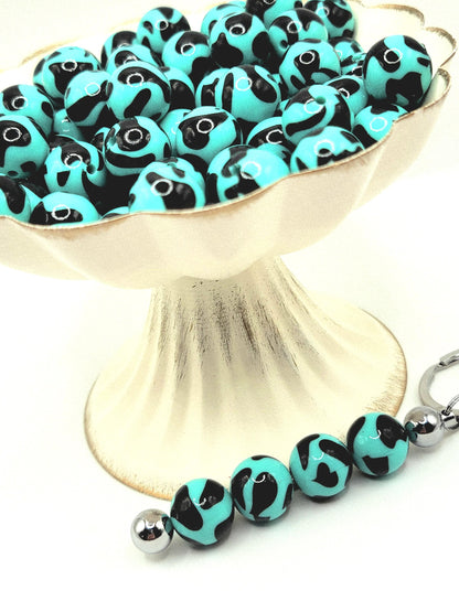 15mm Printed Shiny Turquoise Cow Print Silicone Bead – Round Animal Beads for Pens & Wristlets