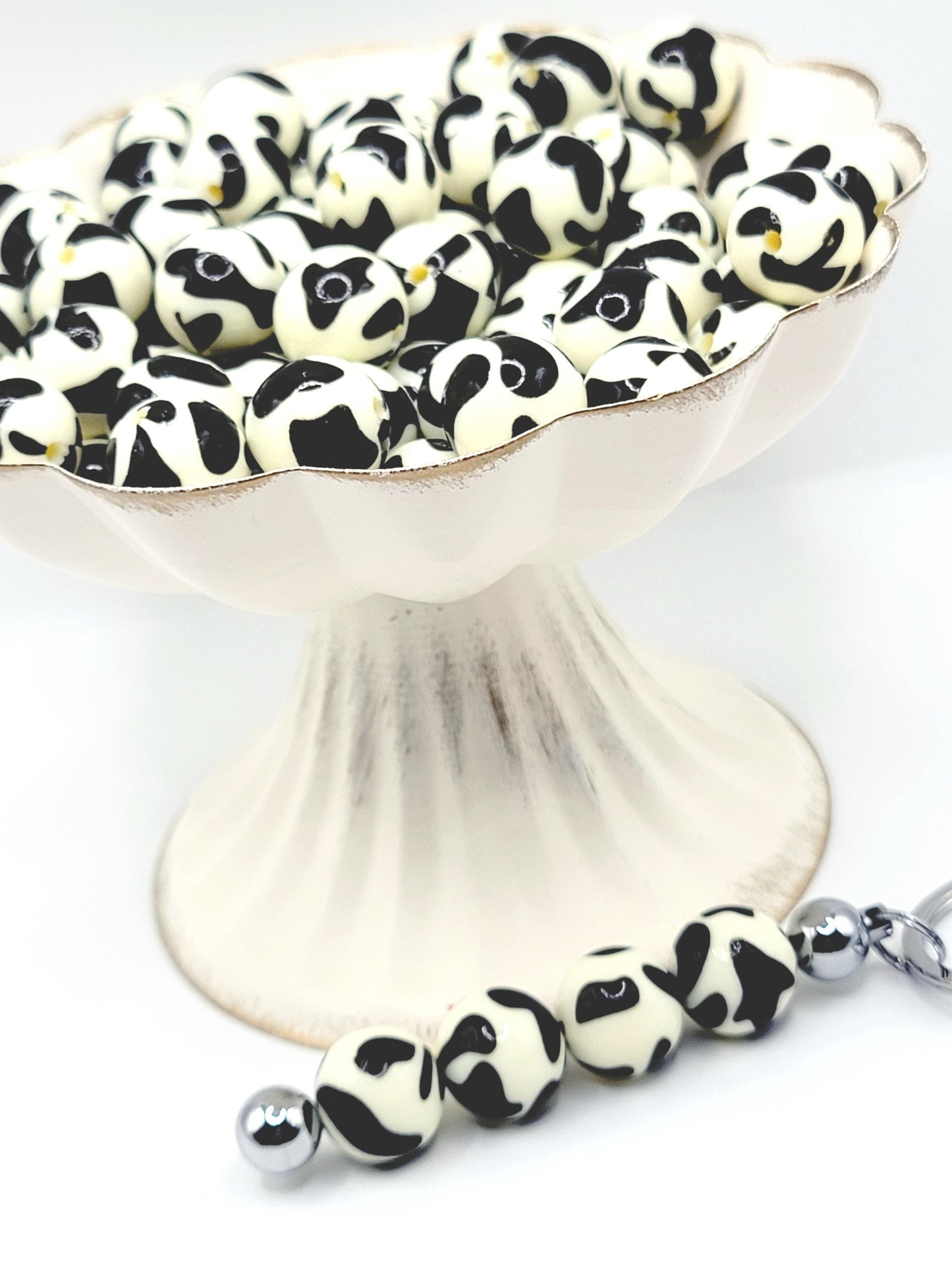 15mm Printed Shiny Cream Cow Print Silicone Bead – Round Animal Beads for Pens & Wristlets