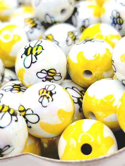 16mm Bee Print Acrylic Beads (Set of 10) – Chunky Bubblegum Beads