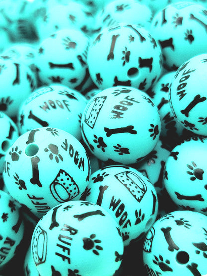 15mm Printed Turquoise Dog Theme Silicone Beads – Paw Bone Print Round Beads for Pens & Wristlets