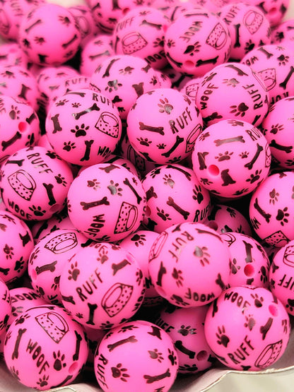 15mm Printed Hot Pink Dog Theme Silicone Beads – Paw Dog Print Round Beads for Pens & Wristlets