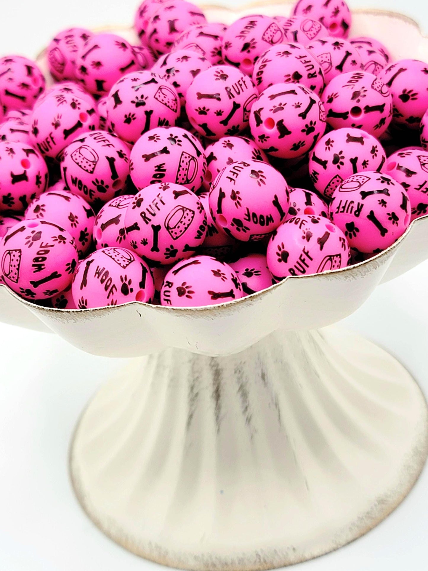 15mm Printed Hot Pink Dog Theme Silicone Beads – Paw Dog Print Round Beads for Pens & Wristlets