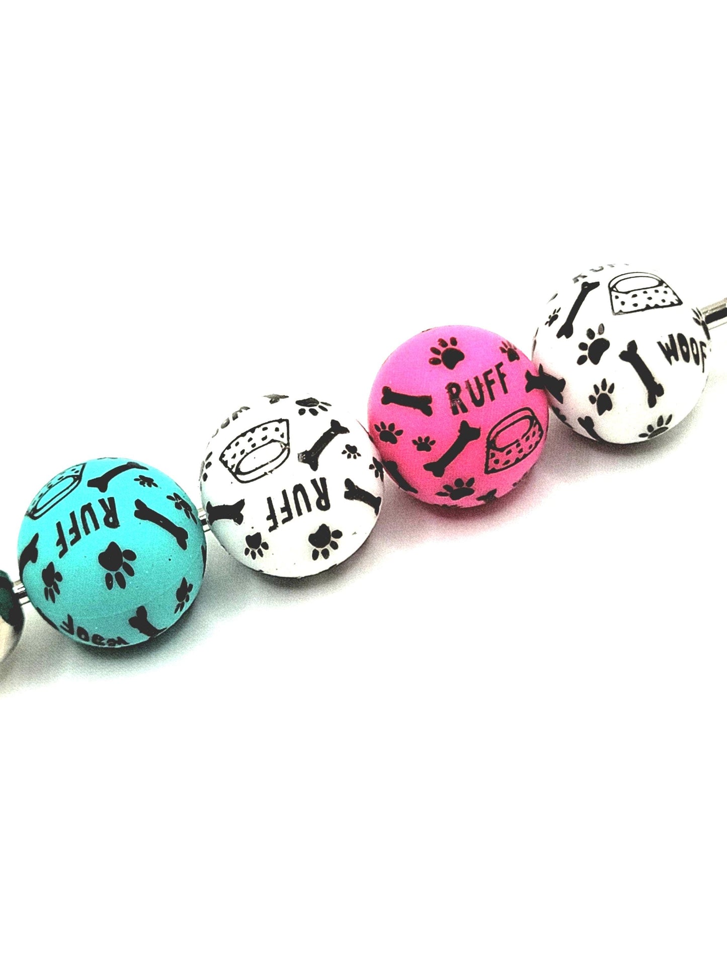 15mm Printed White Black Dog Theme Silicone Beads – Dog Theme Silicone Round Spacer Beads for Pens & Wristlets