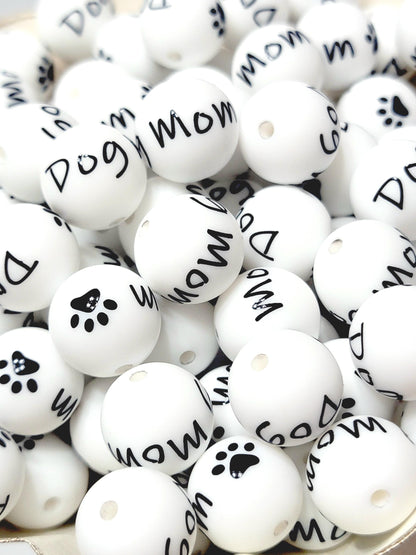15mm Printed Dog Mom Paw Print Silicone Beads – Round Dog Lover Beads for Pens & Wristlets