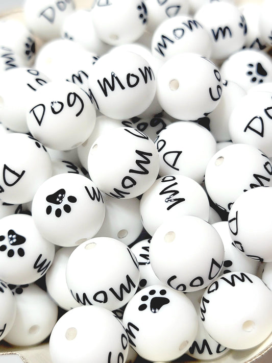 15mm Printed Dog Mom Paw Print Silicone Beads – Round Dog Lover Beads for Pens & Wristlets