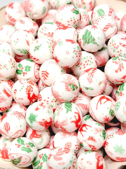 15mm Printed Christmas Theme with Candy Canes Silicone Beads – Round Christmas Beads for Pens & Wristlets