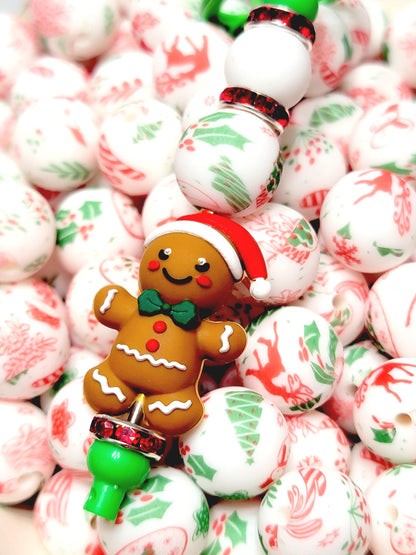 15mm Printed Christmas Theme with Candy Canes Silicone Beads – Round Christmas Beads for Pens & Wristlets