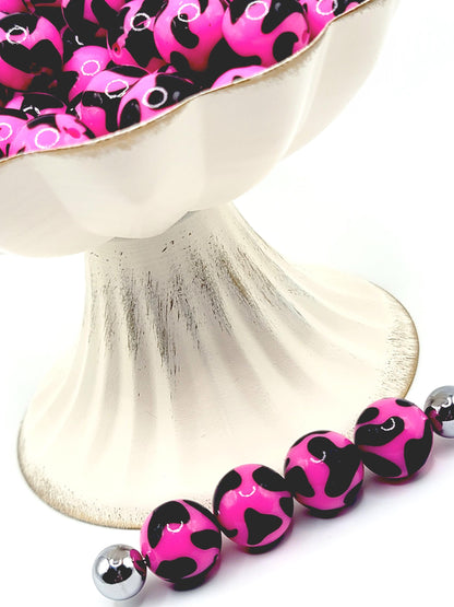 15mm Printed Hot Pink Cow Print Silicone Bead – Shiny Animal Print Round Beads for Wristlets & Pen