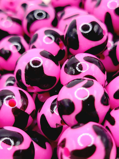 15mm Printed Hot Pink Cow Print Silicone Bead – Shiny Animal Print Round Beads for Wristlets & Pen