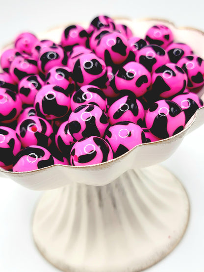 15mm Printed Hot Pink Cow Print Silicone Bead – Shiny Animal Print Round Beads for Wristlets & Pen