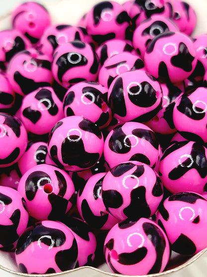 15mm Printed Hot Pink Cow Print Silicone Bead – Shiny Animal Print Round Beads for Wristlets & Pen