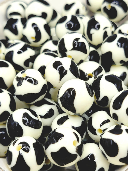 15mm Printed Shiny Cream Cow Print Silicone Bead – Round Animal Beads for Pens & Wristlets