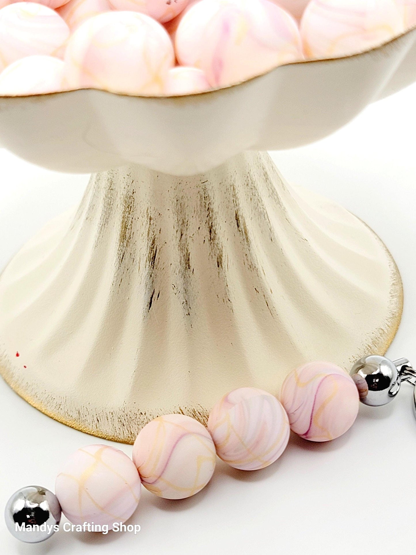 15mm Printed Pink, Purple & Gold Marble Swirl Silicone Bead – Round Beads for Pens & Wristlets