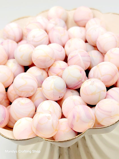 15mm Printed Pink, Purple & Gold Marble Swirl Silicone Bead – Round Beads for Pens & Wristlets