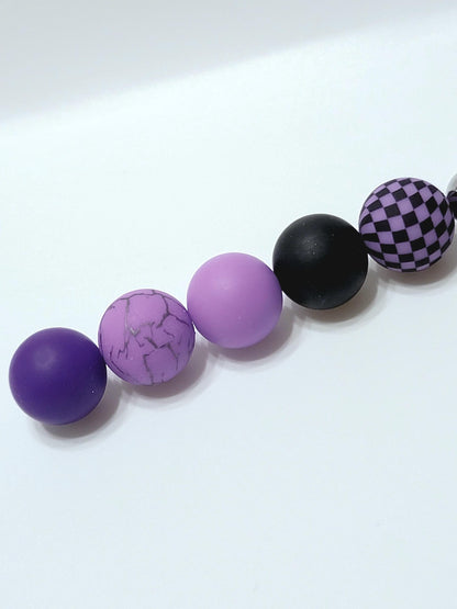 15mm Printed Purple & Black Checkered Mix Silicone Beads (Set of 8) – Purple Mix Round Beads for Pens & Wristlets