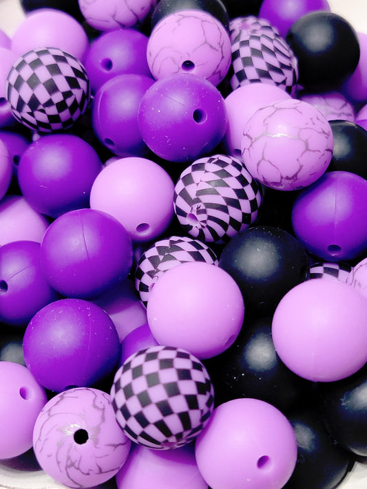 15mm Printed Purple & Black Checkered Mix Silicone Beads (Set of 8) – Purple Mix Round Beads for Pens & Wristlets