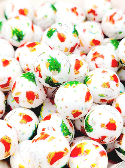 15mm Printed Christmas Theme Silicone Beads – Santa and Tree Holiday Pen Beads for Wristlets & Crafts