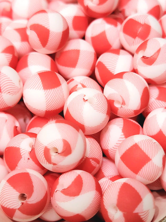 15mm Printed Red & White Checkered Plaid Silicone Bead – Round Christmas & Summer Print Beads for Pens & Wristlets