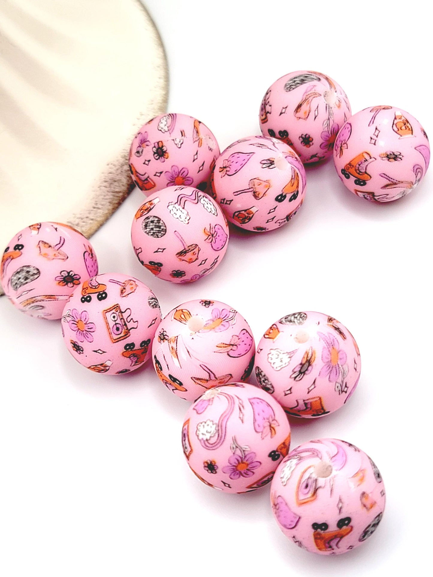 15mm Printed Pink Retro Mushroom Skate Silicone Bead – Pink Round Beads for Pens & Wristlets