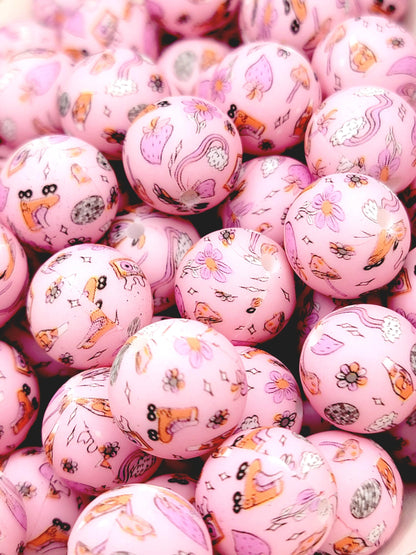 15mm Printed Pink Retro Mushroom Skate Silicone Bead – Pink Round Beads for Pens & Wristlets