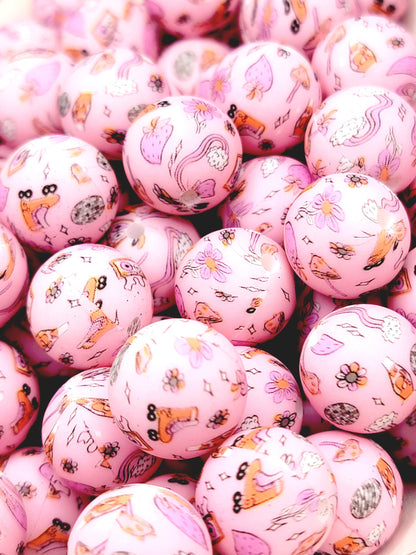 15mm Printed Pink Retro Mushroom Skate Silicone Bead – Pink Round Beads for Pens & Wristlets