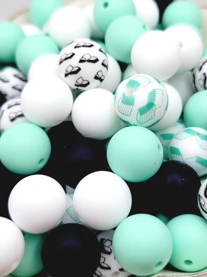 15mm Printed Mint Green & Black Book Lover Mix Silicone Beads – Reading Round Beads for Pens & Wristlets