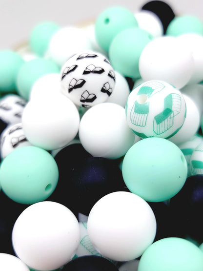 15mm Printed Mint Green & Black Book Lover Mix Silicone Beads – Reading Round Beads for Pens & Wristlets