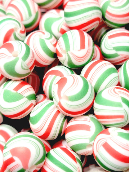 15mm Printed Green & Red Candy Cane Stripe Silicone Beads – Christmas Round Beads for Pens & Wristlets