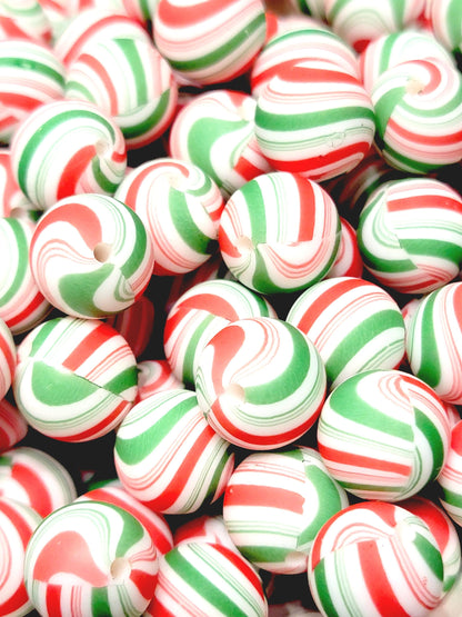 15mm Printed Green & Red Candy Cane Stripe Silicone Beads – Christmas Round Beads for Pens & Wristlets