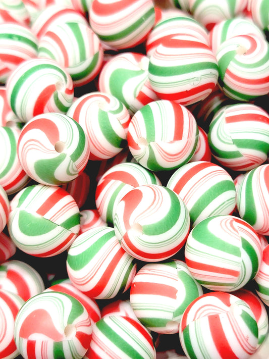 15mm Printed Green & Red Candy Cane Stripe Silicone Beads – Christmas Round Beads for Pens & Wristlets