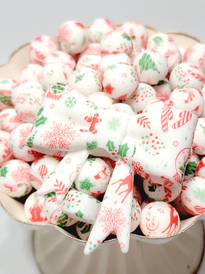 15mm Printed Christmas Theme with Candy Canes Silicone Beads – Round Christmas Beads for Pens & Wristlets