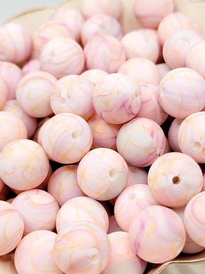 15mm Printed Pink, Purple & Gold Marble Swirl Silicone Bead – Round Beads for Pens & Wristlets